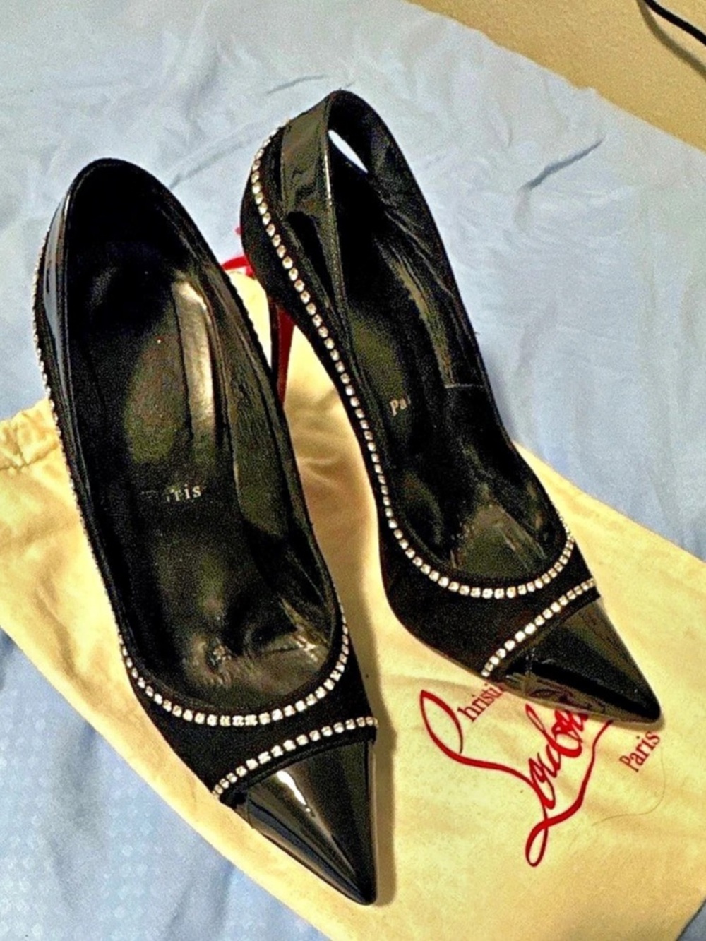 Christian Louboutin Black & Red Crystal Trim Heels